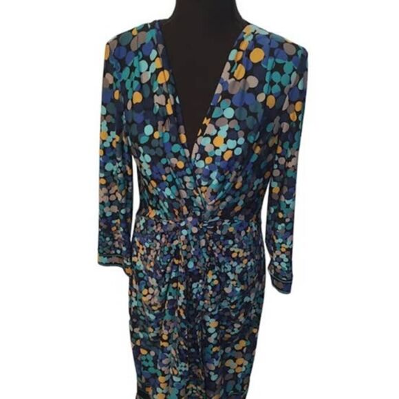 BCBGMaxazria Blue Yellow Polka Dot Dress Large - Picture 2 of 7